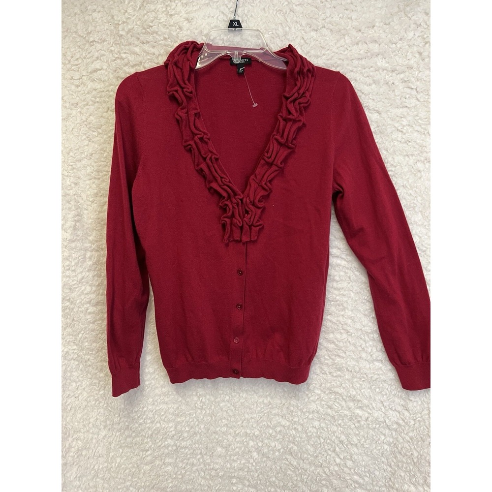 TALBOTS Womens Cardigan Sweater L Ruffle Neck Red Button Front Classic Preppy